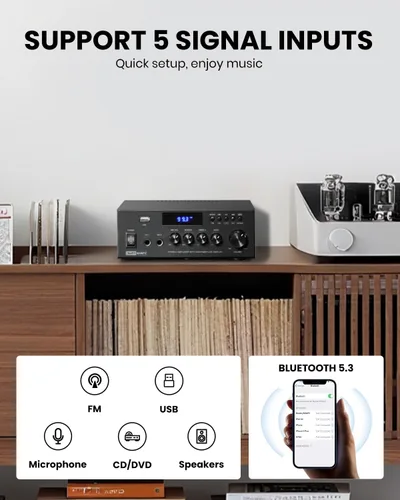 Miniatura 3 de Moukey Amplificador de audio para el hogar, receptores estéreo de 2.0 canales con Bluetooth 5.3, control remoto de funciones completas, FM, RCA
