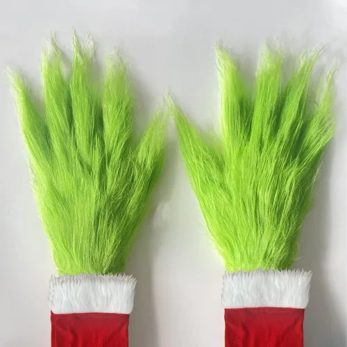 Miniatura 5 de Hefnoya Guantes de felpa de monstruo verde para adultos y niños, disfraz de Papá Noel de Navidad, accesorios de máscara de manos verdes, Guantes