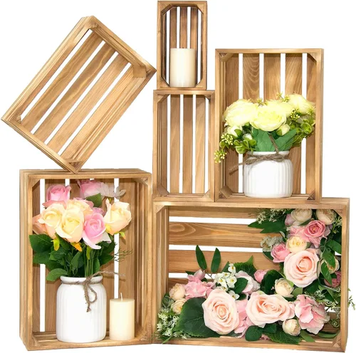 Miniatura 9 de 5 piezas de cajas de madera decorativas para exhibición, 5 tamaños grandes de cesta de madera estilo granja para contenedor de almacenamiento