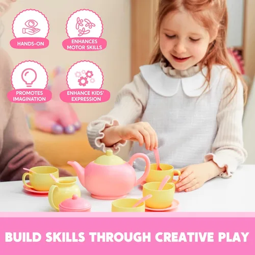 Miniatura 5 de JOYIN Juego de 18 piezas de fiesta de té de simulación, juego de té de plástico rosa, mini cocina para niños, regalos para niños pequeños, regalo