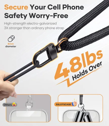 Miniatura 5 de SSLOTSCASE Correa cruzada para teléfono con 2 pestañas transparentes de TPU, correa antirrobo ajustable, hebillas de metal premium, cordón universal