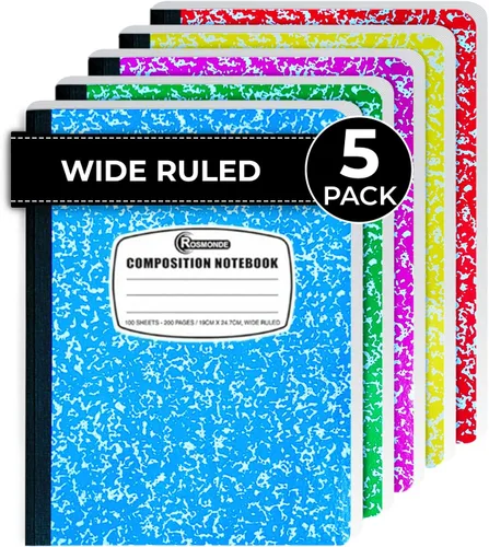 Rosmonde Paquete de 5 cuadernos de composición con rayas anchas, 200 páginas (100 hojas), 9-3/4 x 7-1/2, cuadernos para el trabajo, suministros de