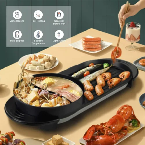 Miniatura 5 de Olla caliente de 27" con parrilla, parrilla eléctrica de barbacoa de 2200W antiadherente para barbacoa coreana para 2-12 personas, control de Negro