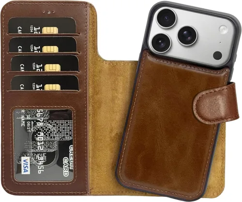Miniatura 23 de HARDISTON Funda de piel auténtica de alta calidad hecha a mano para iPhone 11 Pro de 5.8 pulgadas, tarjeteros de doble folio, funda magnética Negro