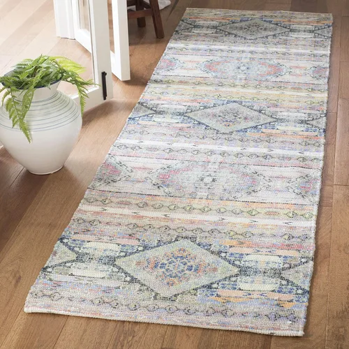 SAFAVIEH Saffron Collection - Alfombra de pasillo de 2 pies 3 pulgadas x 8 pies, color crema y azul, hecha a mano de algodón envejecido, ideal para