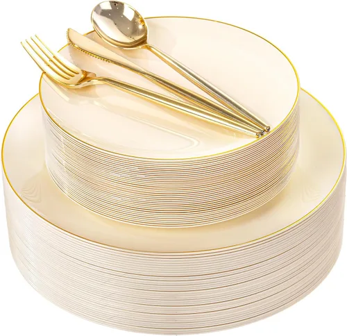 Miniatura 12 de I00000 150 PIEZAS Platos Desechables Dorados Cubiertos, Juego de Vajilla con Purpurina Dorada Incluye 25 Platos de Cena 10.25'', 25 Platos de Postre
