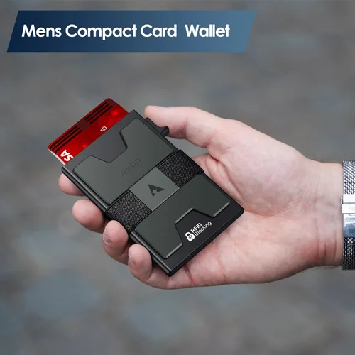 Miniatura 2 de AUTLEY Portatarjetas delgado, billetera minimalista desplegable para hombres, con bloqueo RFID y banda para efectivo (negro)
