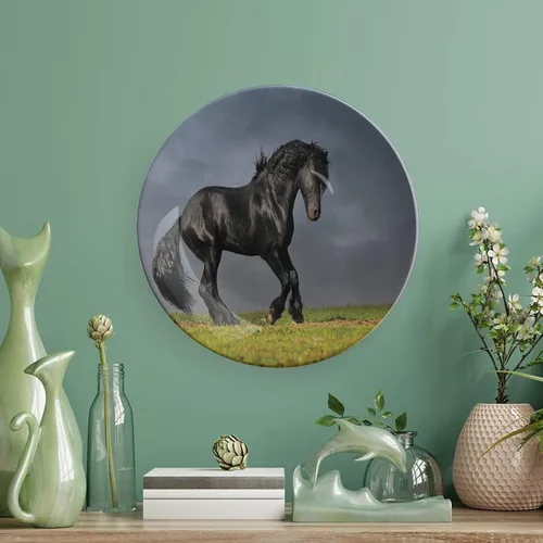 Miniatura 5 de XISUNYA Plato decorativo de 6 pulgadas, plato de cena de decoración de caballo, galope de semental friesio negro en puesta de sol tormentoso, placa