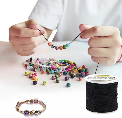 Miniatura 7 de EuTengHao Cordón elástico de nailon, cordón decorativo de satén negro para hacer pulseras, collares y joyas (0.059 in x 55 yardas)