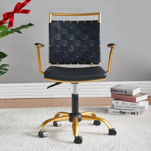 Miniatura 2 de Silla de oficina moderna de cuero, color dorado y negro, bonita silla de conferencias con respaldo medio con ruedas y brazos, cómoda silla giratoria