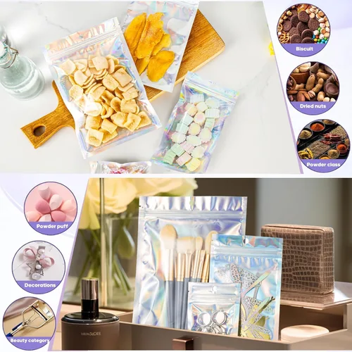 Miniatura 4 de 100 bolsas de embalaje holográficas, bolsa de papel de aluminio resellable de 2.7x3.9 pulgadas, bolsa de muestra de Mylar ideal para pequeños