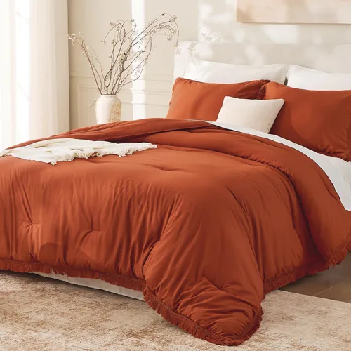 Andency - Juego de edredón tamaño completo de color naranja quemado, 3 piezas, ropa de cama ligera de estilo bohemio terracota para invierno, juego