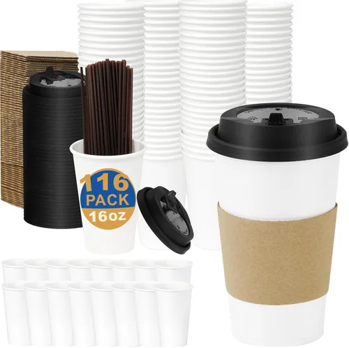 Miniatura 26 de Paquete de 100 tazas de café desechables de pared ondulada corrugada de 16 onzas con tapas y pajitas, tazas aisladas resistentes para bebidas