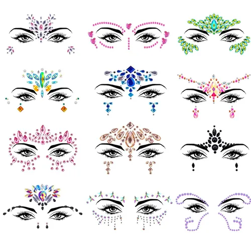 12 juegos de joyas para la cara, diamantes de imitación de sirena para tatuajes temporales, joyas corporales, calcomanías de cristal, gemas faciales