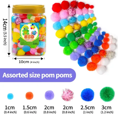Miniatura 2 de Praisebank Pompones multicolores, 800 piezas de tamaños variados, Pompones para artes y manualidades, Bolas de pompones en frasco, Pompones