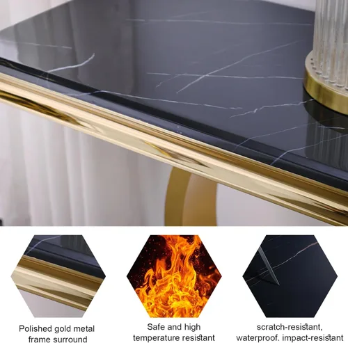 Miniatura 6 de ACEDÉCOR Mesa consola dorada, mesa de entrada de mármol sintético negro de lujo de 50 pulgadas con base de acero inoxidable en forma de U dorada