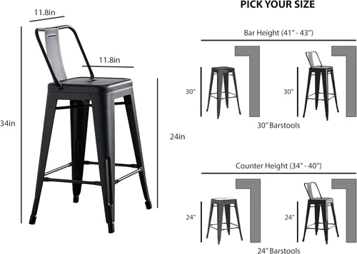 Miniatura 3 de AC Pacific Juego de 2 taburetes de metal de 24 pulgadas, estilo rústico campestre con respaldo bajo, construcción ligera y resistente, fácil NEGRO