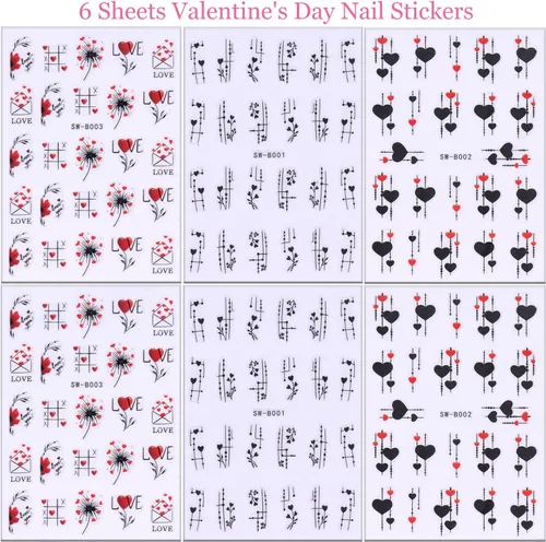 Miniatura 4 de Calcomanías de uñas de San Valentín, 6 unidades, calcomanías de uñas de corazón 3D, autoadhesivas, calcomanías de arte de uñas, diseño de flores