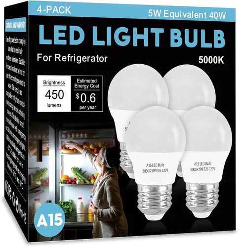 Miniatura 8 de LED Refrigerator Light Bulb 2 Pack，Soft White 2700K 120V 40W Equivalent Appliance Bulb，A15 5W E26 Base Waterproof Fridge Light Bulbs for Freezer