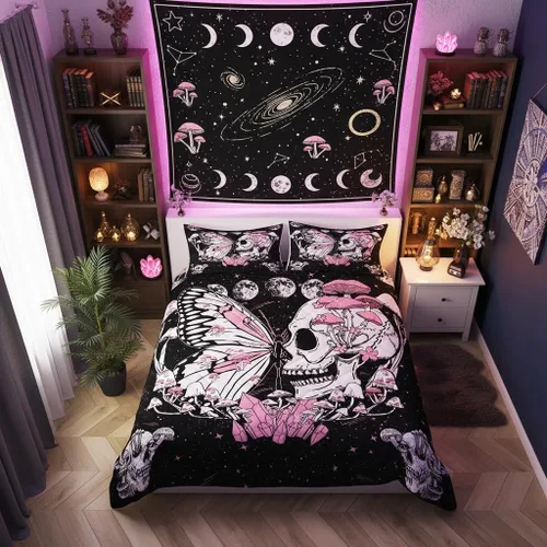 Miniatura 54 de Juego de funda de edredón para niños con diseño de gato lindo, tamaño individual, juego de ropa de cama con hojas de flores, luna, noche y cielo