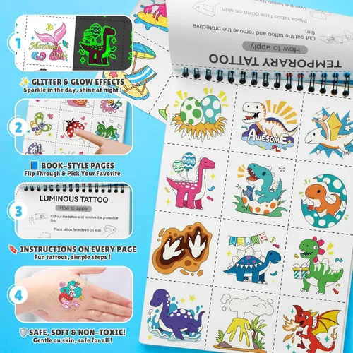 Miniatura 4 de Partywind Libro de tatuajes temporales con brillo y purpurina de 192 estilos para niños, 16 temas, tatuajes temporales para niños, recuerdos