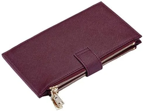 Miniatura 5 de Travelambo Billetera para mujer con bloqueo RFID plegable para múltiples tarjetas con bolsillo con cremallera, Rojo vino, Minimalista