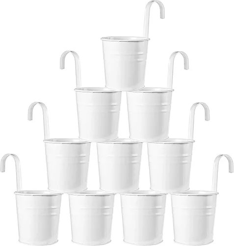 Foraineam Paquete de 12 macetas colgantes de metal blanco, para balcón, jardín, macetas con ganchos desmontables y agujero de drenaje para