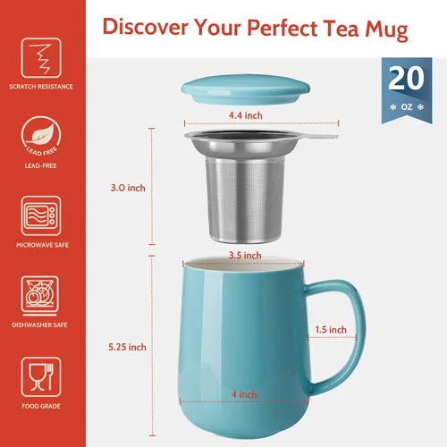 Miniatura 2 de Sweese Taza de té de porcelana de 20 onzas con infusor y tapa, taza de té de hojas sueltas, regalos para los amantes del té, turquesa azul mar