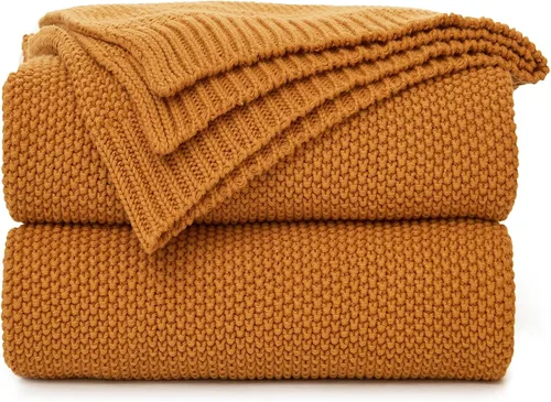 Miniatura 12 de Longhui bedding - Manta de punto trenzado de algodón amarillo mostaza para sofá cama, mantas de punto ligeras decorativas para el hogar con bolsa