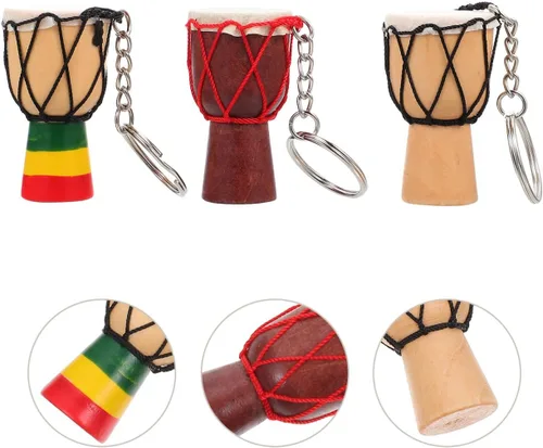 Miniatura 4 de Ciieeo Juego de 3 llaveros de tambor africano, mini llaveros de tambor Djembe de madera maciza, adornos artesanales, recuerdos para viajes