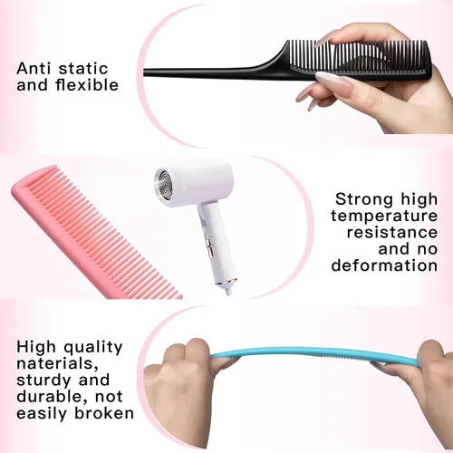 Miniatura 3 de Juego de 24 peines de cola de rata para mujer, peine de peinado de dientes finos con púa, peine antiestático resistente al calor, herramientas
