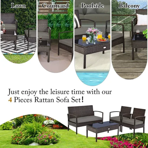 Miniatura 5 de Juego de 4 muebles de patio para exteriores, juego de sofá de mimbre con cojín marrón oscuro resistente al agua y mesa de vidrio templado para patio