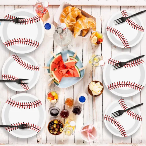 Miniatura 6 de Paquete de 72 piezas de suministros para fiesta de béisbol, juego de platos de papel desechables para fiesta de béisbol, cenas, platos de postre