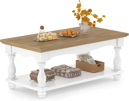 Miniatura 9 de Besiost Mesa auxiliar de 47 pulgadas con almacenamiento, diseño de granja de 2 niveles, patas de madera maciza, mediados de siglo para sala de Negro