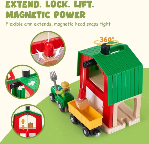 Miniatura 3 de Giant bean Juego de tren de granja de madera de 42 piezas para niños pequeños, tren que funciona con pilas, vía de tren con puente, granero, Juego