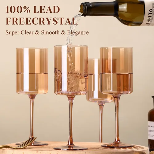 Miniatura 2 de Juego de 6 copas de vino ámbar de 14 onzas sopladas a mano cuadradas de color con tallos altos y largos, juego moderno para todas las ocasiones