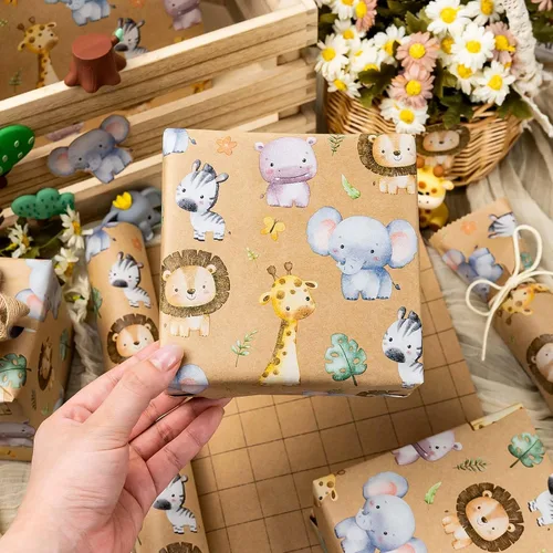 Miniatura 6 de Burymento Papel de Regalo Kraft para Animales, Papel de Regalo con Diseño de Línea Auxiliar Cortada para Baby Shower, Cumpleaños, San Valentín, Día