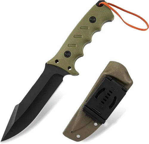 Jasni Cuchillo de caza de supervivencia con funda, acero inoxidable, mango antideslizante completo, cuchillo táctico de hoja fija de 11 pulgadas