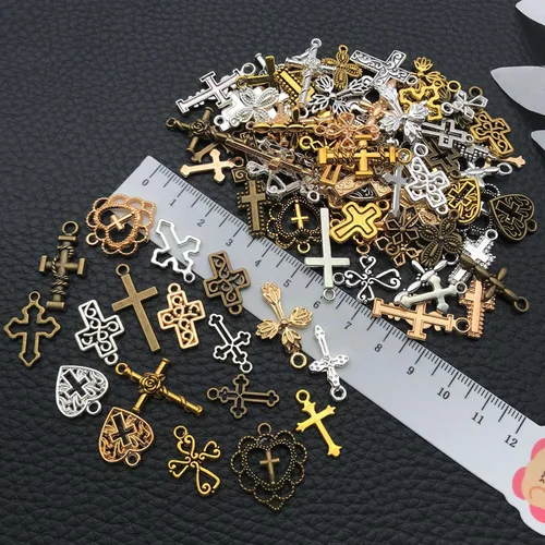 Miniatura 3 de WOCRAFT 100 piezas de dijes cruzados para la fabricación de joyas, brazaletes de pulsera de joyería surtidos, dijes al por mayor de metal mixto a