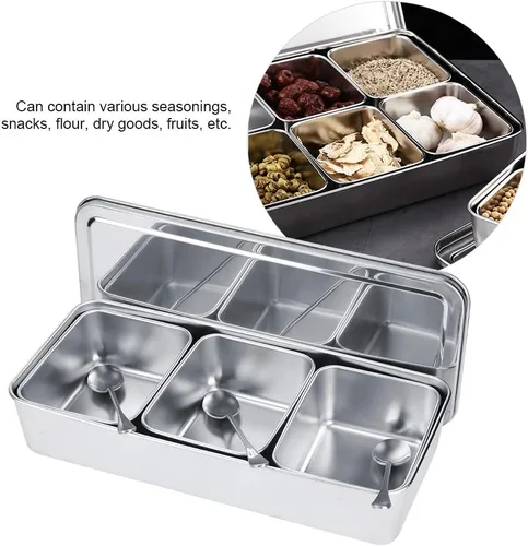 Miniatura 6 de Servidor de condimentos, tarro de condimentos de acero inoxidable de grado alimenticio de 21 onzas con cuchara y tapa, 3 compartimentos extraíbles