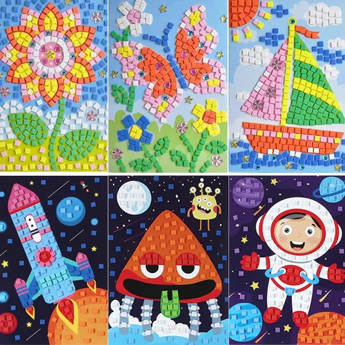 Adhesivo de mosaico, kit de arte hecho a mano para niños, girasol, mariposa, velero, pájaro carpintero, globo aerostático, astronauta, cohete, nave