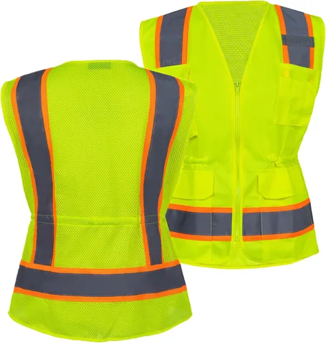 Miniatura 2 de FONIRRA Hi Vis - Chaleco de seguridad para mujer, reflectante, ANSI Clase 2, alta visibilidad, trabajo, construcción, manga corta Chaleco amarillo