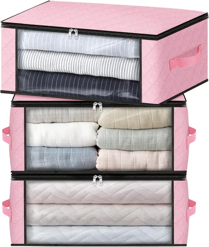 Miniatura 9 de HomeHacks Paquete de 3 bolsas organizadoras de ropa, caja de almacenamiento plegable con gran ventana transparente y asas resistentes para armario
