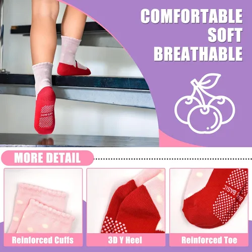 Miniatura 4 de HYCLES Calcetines Antideslizantes para Niños Pequeños, 12 Pares de Calcetines de Algodón con Agarre Antideslizante para Niños y Niñas de 1-7 años
