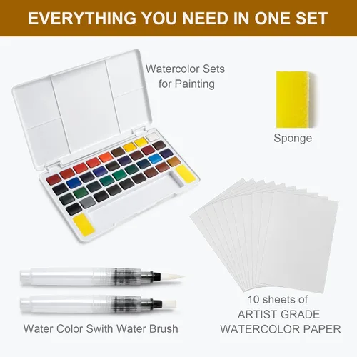 Miniatura 3 de Woomer Juego de pintura de acuarela, 36 colores vibrantes con pincel de agua y 10 papeles de acuarela de algodón de alta calidad (32 K), perfecto