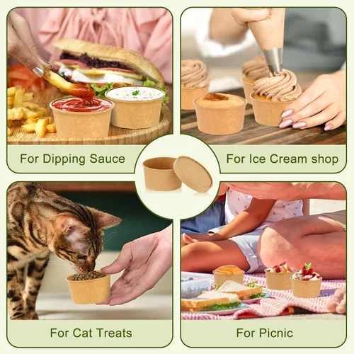 Miniatura 6 de Paquete de 100 recipientes de papel de 4 onzas para sopa con tapas ventiladas, recipientes desechables para alimentos, tazas de helado de estraza