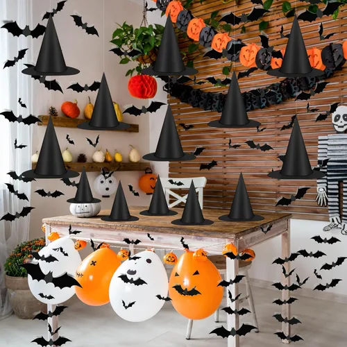 Miniatura 6 de Famoby 12 sombreros de bruja negros de Halloween con cable de nailon de 157 pies y 120 calcomanías de murciélago para interiores y exteriores
