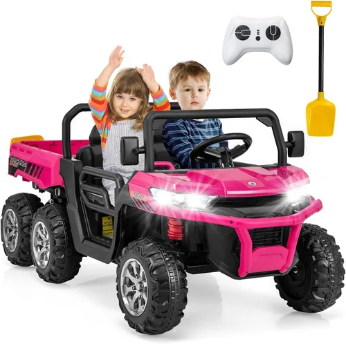 Miniatura 13 de OLAKIDS Carro Montable de 2 Asientos, Vehículo Eléctrico UTV Todoterreno de 12V con Control Remoto, Cama Volquete, Pala Extra, Música, USB, AUX, Rosa