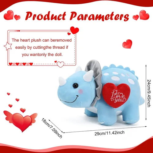 Miniatura 3 de Syhood Dinosaurio de peluche Love You de 12 pulgadas con corazón rojo, lindos animales de peluche para novia, juguetes de peluche de dinosaurio azul