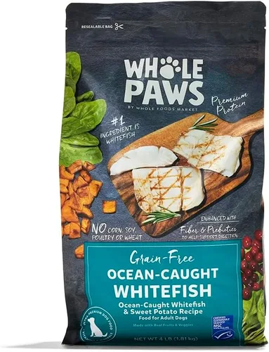 Whole Paws, Alimento seco para perros adultos sin granos, receta de pescado blanco y batata capturados en el océano, 4 libras